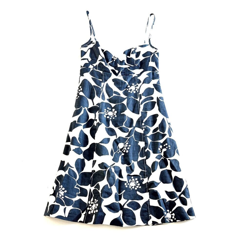 J Crew linen sundress Size 0 blue cream floral A-line empire